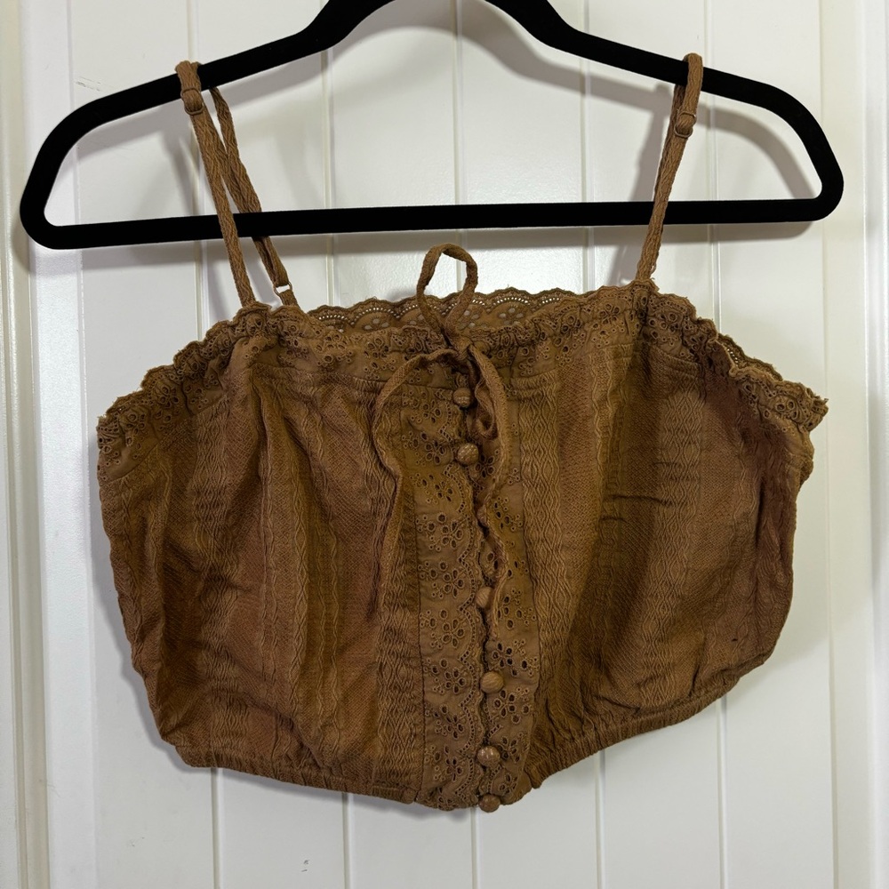 Urban Outfitters Linen Blend Smocked Button Front Crop Cami Tank Brown